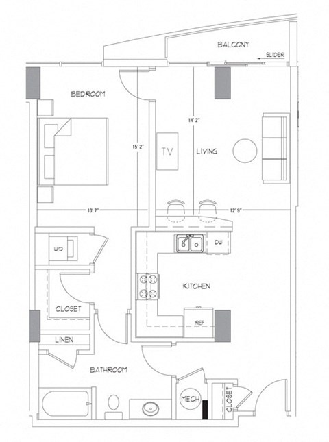 Floor plan for 1 bed, 1 bath, 847 sqft